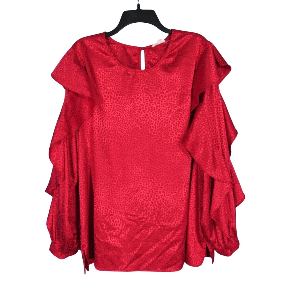 ODDI Red LEOPARD Shiny Satin RUFFLED Long Sleeve KEYHOLE BACK Blouse Top Sz 1XL